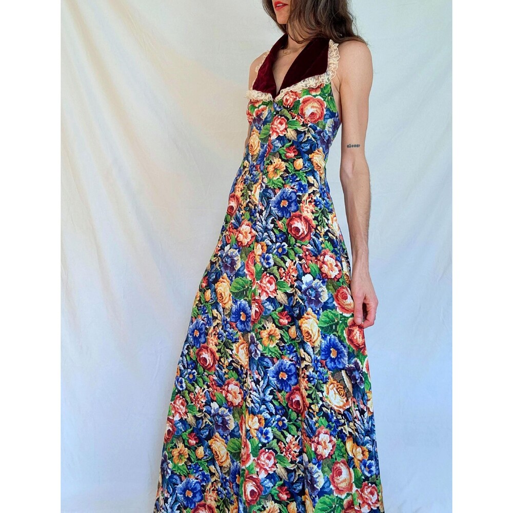1970s Vintage Floral Halter Maxi Dress: Young Edwardian by Arpeja, Women's S/M